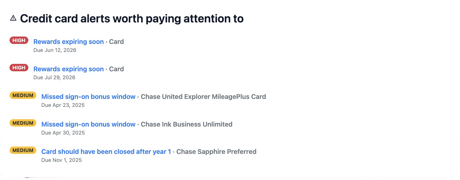 Nomad Purse Credit Cards Alerts dashboard overview