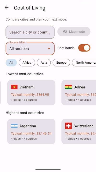 Android cost of living list view